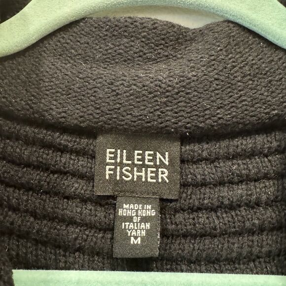 Eileen Fisher Textured Zip Up Cardigan Sweater Black Wool Cotton Women Medium - Picture 6 of 7